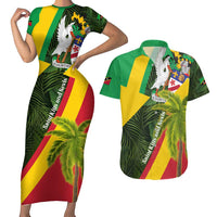 Saint Kitts and Nevis Apparel Couples Matching Short Sleeve Bodycon Dress and Hawaiian Shirt with Coat of Arms, Palm Trees, and Hammock Graphic in Tropical Green and Flag-Inspired Design - Wonder Print Shop
