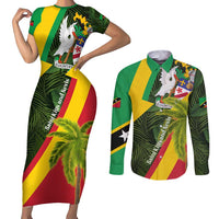 Saint Kitts and Nevis Apparel Couples Matching Short Sleeve Bodycon Dress and Long Sleeve Button Shirt with Coat of Arms, Palm Trees, and Hammock Graphic in Tropical Green and Flag-Inspired Design - Wonder Print Shop