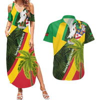 Saint Kitts and Nevis Apparel Couples Matching Summer Maxi Dress and Hawaiian Shirt with Coat of Arms, Palm Trees, and Hammock Graphic in Tropical Green and Flag-Inspired Design - Wonder Print Shop