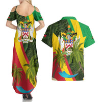 Saint Kitts and Nevis Apparel Couples Matching Summer Maxi Dress and Hawaiian Shirt with Coat of Arms, Palm Trees, and Hammock Graphic in Tropical Green and Flag-Inspired Design - Wonder Print Shop