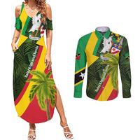 Saint Kitts and Nevis Apparel Couples Matching Summer Maxi Dress and Long Sleeve Button Shirt with Coat of Arms, Palm Trees, and Hammock Graphic in Tropical Green and Flag-Inspired Design - Wonder Print Shop