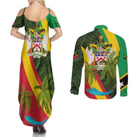 Saint Kitts and Nevis Apparel Couples Matching Summer Maxi Dress and Long Sleeve Button Shirt with Coat of Arms, Palm Trees, and Hammock Graphic in Tropical Green and Flag-Inspired Design - Wonder Print Shop