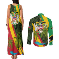 Saint Kitts and Nevis Apparel Couples Matching Tank Maxi Dress and Long Sleeve Button Shirt with Coat of Arms, Palm Trees, and Hammock Graphic in Tropical Green and Flag-Inspired Design - Wonder Print Shop