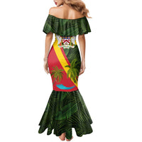 Saint Kitts and Nevis Apparel Family Matching Mermaid Dress and Hawaiian Shirt with Coat of Arms, Palm Trees, and Hammock Graphic in Tropical Green and Flag-Inspired Design - Wonder Print Shop