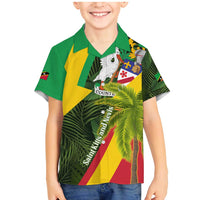 Saint Kitts and Nevis Apparel Family Matching Mermaid Dress and Hawaiian Shirt with Coat of Arms, Palm Trees, and Hammock Graphic in Tropical Green and Flag-Inspired Design - Wonder Print Shop