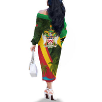 Saint Kitts and Nevis Apparel Family Matching Off The Shoulder Long Sleeve Dress and Hawaiian Shirt with Coat of Arms, Palm Trees, and Hammock Graphic in Tropical Green and Flag-Inspired Design - Wonder Print Shop