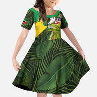 Saint Kitts and Nevis Apparel Family Matching Off Shoulder Maxi Dress and Hawaiian Shirt with Coat of Arms, Palm Trees, and Hammock Graphic in Tropical Green and Flag-Inspired Design - Wonder Print Shop
