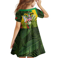 Saint Kitts and Nevis Apparel Family Matching Off Shoulder Maxi Dress and Hawaiian Shirt with Coat of Arms, Palm Trees, and Hammock Graphic in Tropical Green and Flag-Inspired Design - Wonder Print Shop
