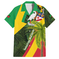 Saint Kitts and Nevis Apparel Family Matching Off Shoulder Maxi Dress and Hawaiian Shirt with Coat of Arms, Palm Trees, and Hammock Graphic in Tropical Green and Flag-Inspired Design - Wonder Print Shop