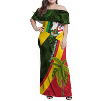 Saint Kitts and Nevis Apparel Family Matching Off Shoulder Maxi Dress and Hawaiian Shirt with Coat of Arms, Palm Trees, and Hammock Graphic in Tropical Green and Flag-Inspired Design - Wonder Print Shop