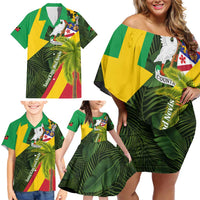 Saint Kitts and Nevis Apparel Family Matching Off Shoulder Short Dress and Hawaiian Shirt with Coat of Arms, Palm Trees, and Hammock Graphic in Tropical Green and Flag-Inspired Design - Wonder Print Shop