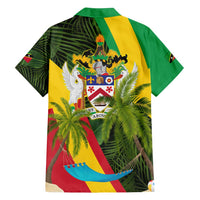 Saint Kitts and Nevis Apparel Family Matching Off Shoulder Short Dress and Hawaiian Shirt with Coat of Arms, Palm Trees, and Hammock Graphic in Tropical Green and Flag-Inspired Design - Wonder Print Shop
