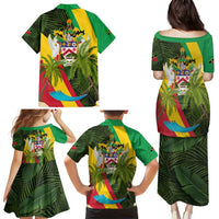 Saint Kitts and Nevis Apparel Family Matching Puletasi and Hawaiian Shirt with Coat of Arms, Palm Trees, and Hammock Graphic in Tropical Green and Flag-Inspired Design - Wonder Print Shop