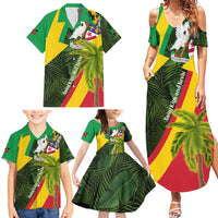 Saint Kitts and Nevis Apparel Family Matching Summer Maxi Dress and Hawaiian Shirt with Coat of Arms, Palm Trees, and Hammock Graphic in Tropical Green and Flag-Inspired Design - Wonder Print Shop