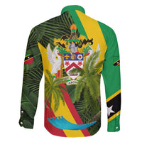 Saint Kitts and Nevis Apparel Family Matching Summer Maxi Dress and Hawaiian Shirt with Coat of Arms, Palm Trees, and Hammock Graphic in Tropical Green and Flag-Inspired Design - Wonder Print Shop