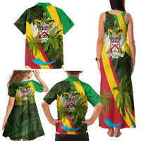 Saint Kitts and Nevis Apparel Family Matching Tank Maxi Dress and Hawaiian Shirt with Coat of Arms, Palm Trees, and Hammock Graphic in Tropical Green and Flag-Inspired Design - Wonder Print Shop