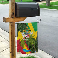 Saint Kitts and Nevis Apparel Garden Flag with Coat of Arms, Palm Trees, and Hammock Graphic in Tropical Green and Flag-Inspired Design - Wonder Print Shop