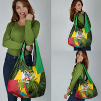 Saint Kitts and Nevis Apparel Grocery Bag with Coat of Arms, Palm Trees, and Hammock Graphic in Tropical Green and Flag-Inspired Design - Wonder Print Shop