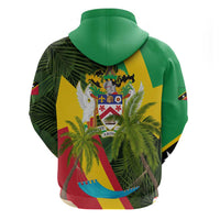 Saint Kitts and Nevis Apparel Hoodie with Coat of Arms, Palm Trees, and Hammock Graphic in Tropical Green and Flag-Inspired Design - Wonder Print Shop
