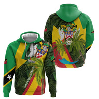 Saint Kitts and Nevis Apparel Hoodie with Coat of Arms, Palm Trees, and Hammock Graphic in Tropical Green and Flag-Inspired Design - Wonder Print Shop