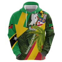 Saint Kitts and Nevis Apparel Hoodie with Coat of Arms, Palm Trees, and Hammock Graphic in Tropical Green and Flag-Inspired Design - Wonder Print Shop