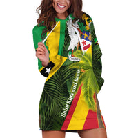 Saint Kitts and Nevis Apparel Hoodie Dress with Coat of Arms, Palm Trees, and Hammock Graphic in Tropical Green and Flag-Inspired Design - Wonder Print Shop