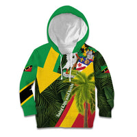 Saint Kitts and Nevis Apparel Kid Hoodie with Coat of Arms, Palm Trees, and Hammock Graphic in Tropical Green and Flag-Inspired Design - Wonder Print Shop