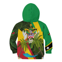 Saint Kitts and Nevis Apparel Kid Hoodie with Coat of Arms, Palm Trees, and Hammock Graphic in Tropical Green and Flag-Inspired Design - Wonder Print Shop