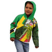 Saint Kitts and Nevis Apparel Kid Hoodie with Coat of Arms, Palm Trees, and Hammock Graphic in Tropical Green and Flag-Inspired Design - Wonder Print Shop