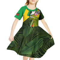 Saint Kitts and Nevis Apparel Kid Short Sleeve Dress with Coat of Arms, Palm Trees, and Hammock Graphic in Tropical Green and Flag-Inspired Design - Wonder Print Shop