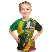 Saint Kitts and Nevis Apparel Kid T Shirt with Coat of Arms, Palm Trees, and Hammock Graphic in Tropical Green and Flag-Inspired Design - Wonder Print Shop