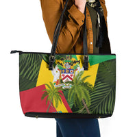 Saint Kitts and Nevis Apparel Leather Tote Bag with Coat of Arms, Palm Trees, and Hammock Graphic in Tropical Green and Flag-Inspired Design - Wonder Print Shop