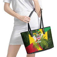 Saint Kitts and Nevis Apparel Leather Tote Bag with Coat of Arms, Palm Trees, and Hammock Graphic in Tropical Green and Flag-Inspired Design - Wonder Print Shop