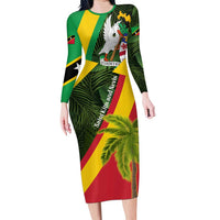 Saint Kitts and Nevis Apparel Long Sleeve Bodycon Dress with Coat of Arms, Palm Trees, and Hammock Graphic in Tropical Green and Flag-Inspired Design - Wonder Print Shop