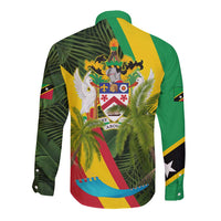 Saint Kitts and Nevis Apparel Long Sleeve Button Shirt with Coat of Arms, Palm Trees, and Hammock Graphic in Tropical Green and Flag-Inspired Design - Wonder Print Shop
