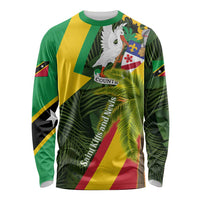 Saint Kitts and Nevis Apparel Long Sleeve Shirt with Coat of Arms, Palm Trees, and Hammock Graphic in Tropical Green and Flag-Inspired Design - Wonder Print Shop