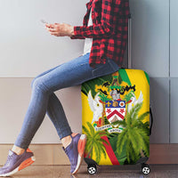 Saint Kitts and Nevis Apparel Luggage Cover with Coat of Arms, Palm Trees, and Hammock Graphic in Tropical Green and Flag-Inspired Design - Wonder Print Shop