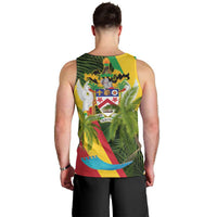 Saint Kitts and Nevis Apparel Men Tank Top with Coat of Arms, Palm Trees, and Hammock Graphic in Tropical Green and Flag-Inspired Design - Wonder Print Shop