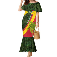 Saint Kitts and Nevis Apparel Mermaid Dress with Coat of Arms, Palm Trees, and Hammock Graphic in Tropical Green and Flag-Inspired Design - Wonder Print Shop