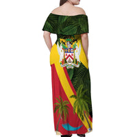 Saint Kitts and Nevis Apparel Off Shoulder Maxi Dress with Coat of Arms, Palm Trees, and Hammock Graphic in Tropical Green and Flag-Inspired Design - Wonder Print Shop
