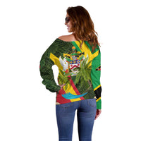 Saint Kitts and Nevis Apparel Off Shoulder Sweater with Coat of Arms, Palm Trees, and Hammock Graphic in Tropical Green and Flag-Inspired Design - Wonder Print Shop