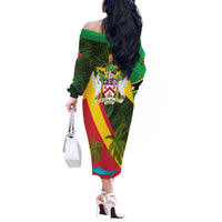 Saint Kitts and Nevis Apparel Off The Shoulder Long Sleeve Dress with Coat of Arms, Palm Trees, and Hammock Graphic in Tropical Green and Flag-Inspired Design - Wonder Print Shop