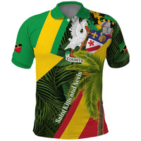 Saint Kitts and Nevis Apparel Polo Shirt with Coat of Arms, Palm Trees, and Hammock Graphic in Tropical Green and Flag-Inspired Design - Wonder Print Shop