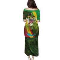 Saint Kitts and Nevis Apparel Puletasi with Coat of Arms, Palm Trees, and Hammock Graphic in Tropical Green and Flag-Inspired Design - Wonder Print Shop