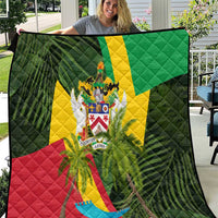 Saint Kitts and Nevis Apparel Quilt with Coat of Arms, Palm Trees, and Hammock Graphic in Tropical Green and Flag-Inspired Design - Wonder Print Shop