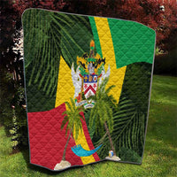 Saint Kitts and Nevis Apparel Quilt with Coat of Arms, Palm Trees, and Hammock Graphic in Tropical Green and Flag-Inspired Design - Wonder Print Shop