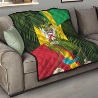 Saint Kitts and Nevis Apparel Quilt with Coat of Arms, Palm Trees, and Hammock Graphic in Tropical Green and Flag-Inspired Design - Wonder Print Shop