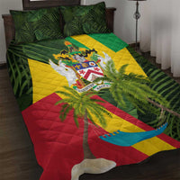 Saint Kitts and Nevis Apparel Quilt Bed Set with Coat of Arms, Palm Trees, and Hammock Graphic in Tropical Green and Flag-Inspired Design - Wonder Print Shop