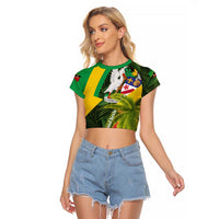 Saint Kitts and Nevis Apparel Raglan Cropped T Shirt with Coat of Arms, Palm Trees, and Hammock Graphic in Tropical Green and Flag-Inspired Design - Wonder Print Shop