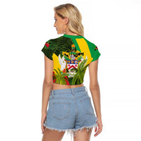 Saint Kitts and Nevis Apparel Raglan Cropped T Shirt with Coat of Arms, Palm Trees, and Hammock Graphic in Tropical Green and Flag-Inspired Design - Wonder Print Shop